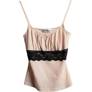 Bebe Vintage Y2K Tan Black Lace Trim Babydoll Cami Top Milkmaid Coquette USA P